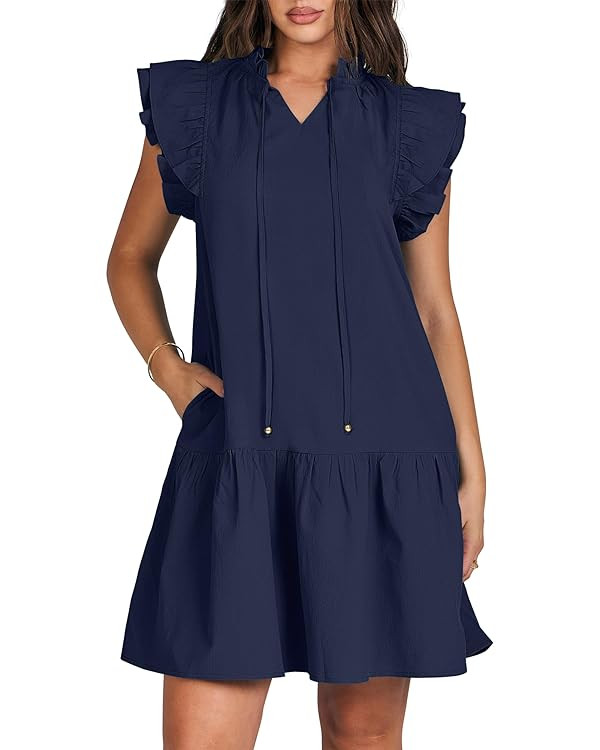 ANRABESS Womens Summer V-Neck Drawstring Ruffle Cap Short Sleeve Casual Shift Mini Dress with Poc... | Amazon (US)