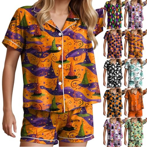 Mdnezo Halloween Pajama Set for Women 2025 Graphic Button Up Sleepwears Ladies Ctue 2 Piece Top and Shorts Pjs Sets | Amazon (US)
