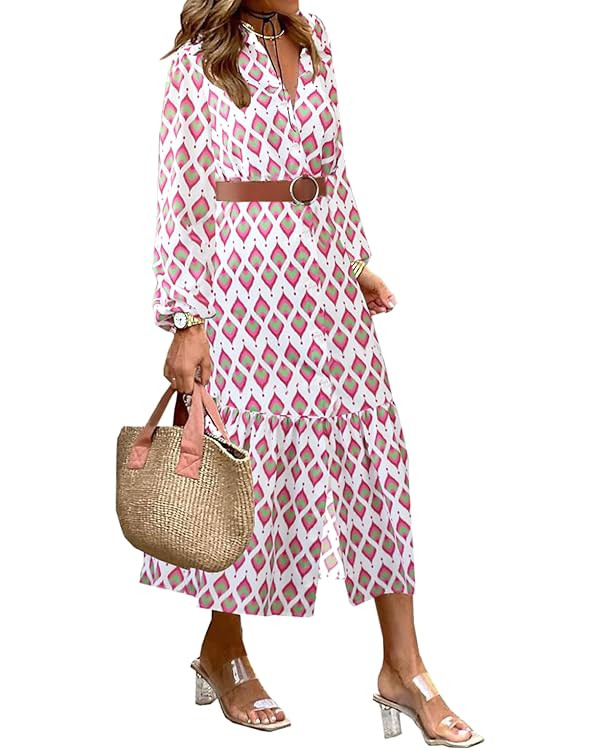 LOLONG Women's Casual Button Front Midi Dresses Spring 2025 Puff Long Sleeve Printed Ruffle Hem B... | Amazon (US)