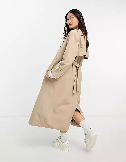 Vero Moda Petite longline belted trench coat in stone | ASOS (Global)