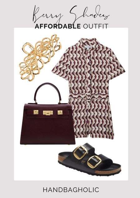Add some depth to your look witb berry shades. This stunning Maya bag from Lalage Beaumont works perfectly with printed Reiss playsuit finish with some slides and a hair grip. #summeroutfit #springoutfit #outfitinspi #ss24 #ootd 