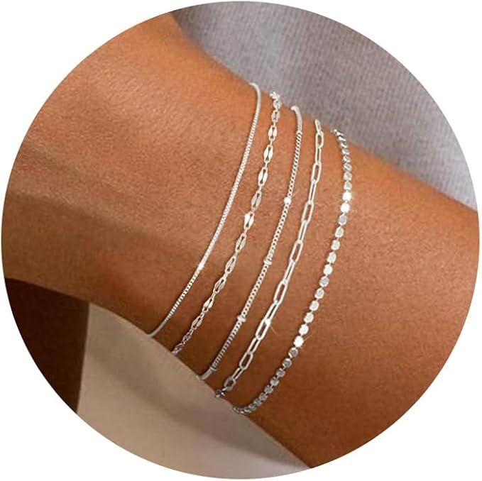MBW Silver Bracelets for Women, Dainty Silver Bracelets for Women Set 14K Silver Bracelet Stack W... | Amazon (US)