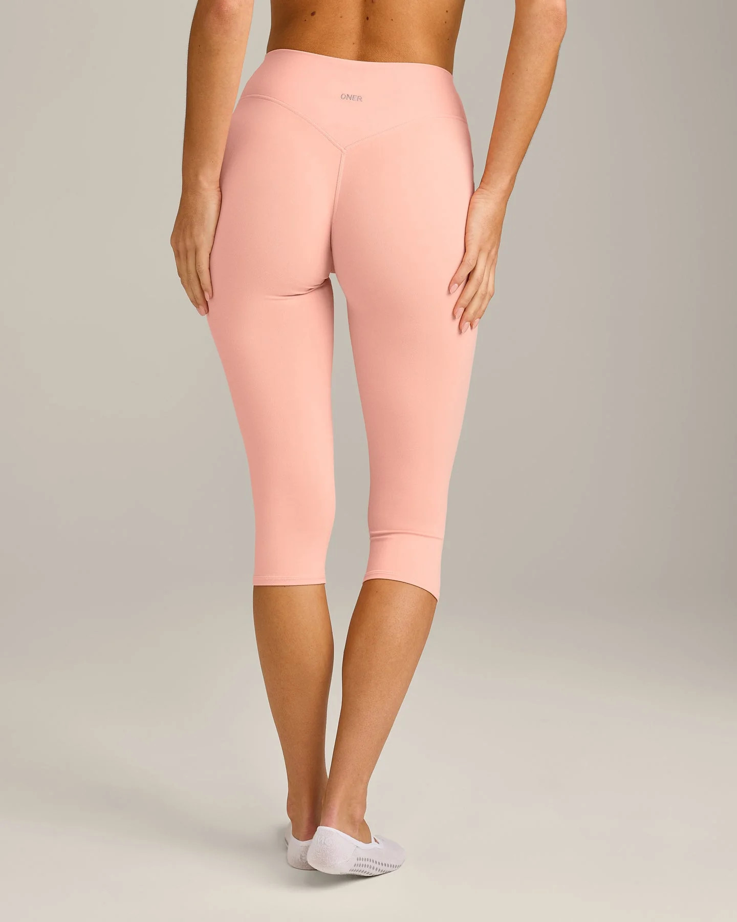SoftMotion\u2122 High Waisted Capri Leggings with Gray Logo 
 Peach Orange | Oner Active (UK / US)