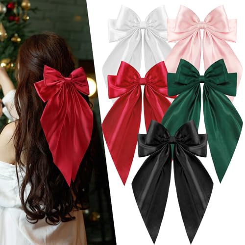 5 Pcs Satin Hair Bows - Big, Long Tail Ribbon Hair Bows in Red and Green for Christmas | Amazon (US)