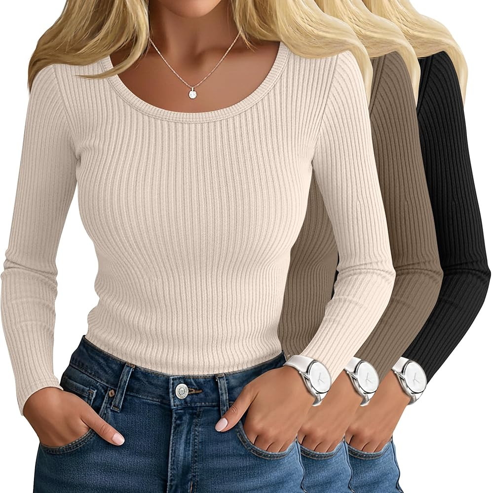 Ficerd 3 Pack Women's Ribbed Long Sleeve Tops Scoop Neck Slim Fit Shirts Cotton Casual Fall Going... | Amazon (US)
