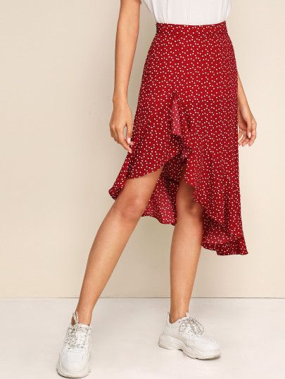 SHEIN Ruffle Asymmetrical Hem Confetti Heart Print Skirt | SHEIN