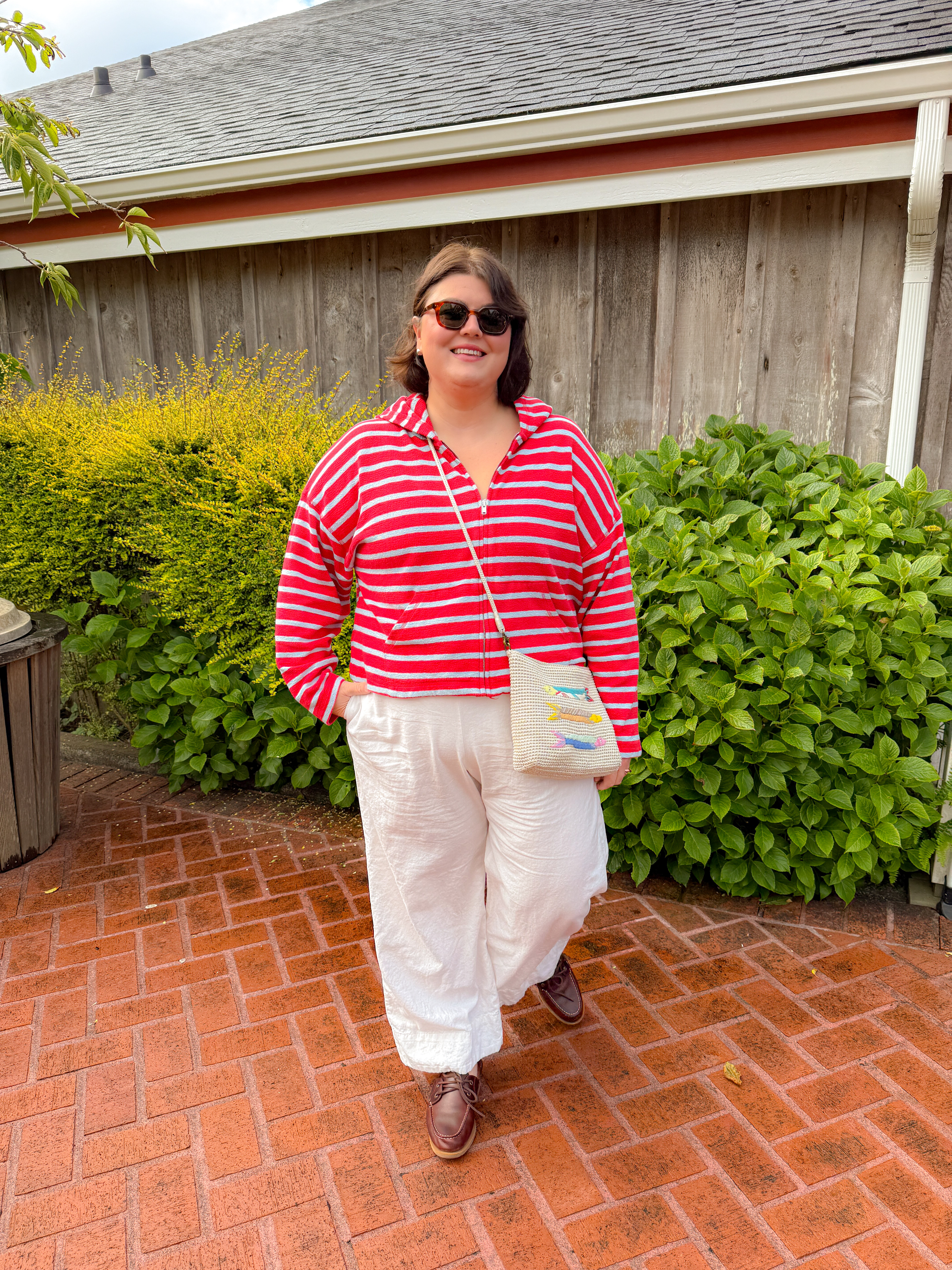 This red and white stripe zip-up is giving cabana energy and I'm fully here for it. Paired with the same white wide-leg linen pants I've lived in all trip and the boat shoes that have somehow worked with every single outfit. Sometimes the best fit formula is just repeating your favorite bottoms in every photo.
Hashtags

#LTKshoecrush #LTKstyletip #LTKfindsunder50 #stripedoutfit #linenpants #coastalstyle #vacationoutfit #pnwstyle #boatshoes #summerstyle 

 