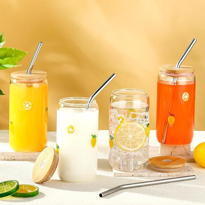 Meanplan 4 Pcs Lemon Icon Juice Glass - 17 oz Lemon Icon Glass Cups with Lid, Straw and Cleaning ... | Amazon (US)