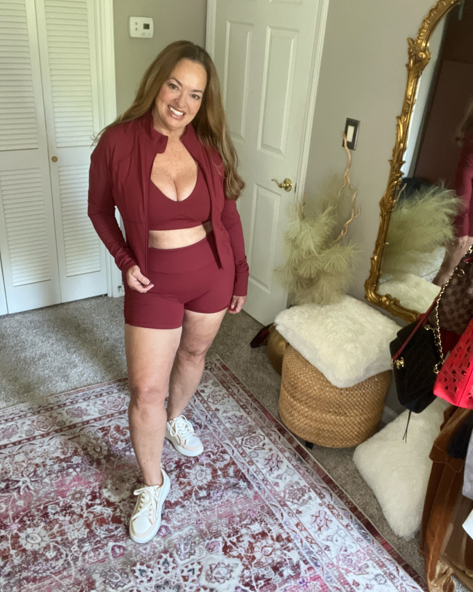 A fabulous three piece workout set.
Fabric is butter soft and the shorts have mesh on the sides. It is a beautiful oxblood color.

#LTKselfcare #LTKmorningroutine #LTKActive
