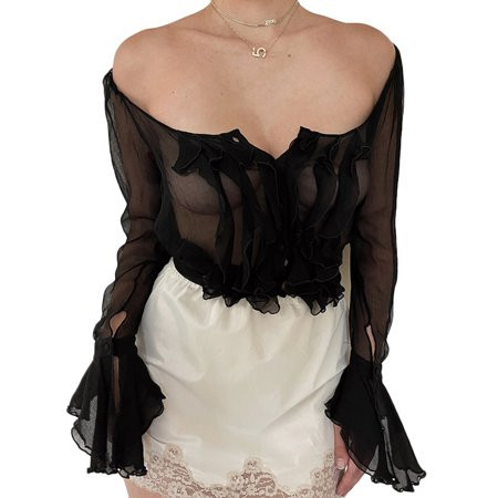 Mesh Tranparent Black T-shirt Low Cut Ruffles Long Sleeve Pullover Tees Women See Through Crop Top | Walmart (US)