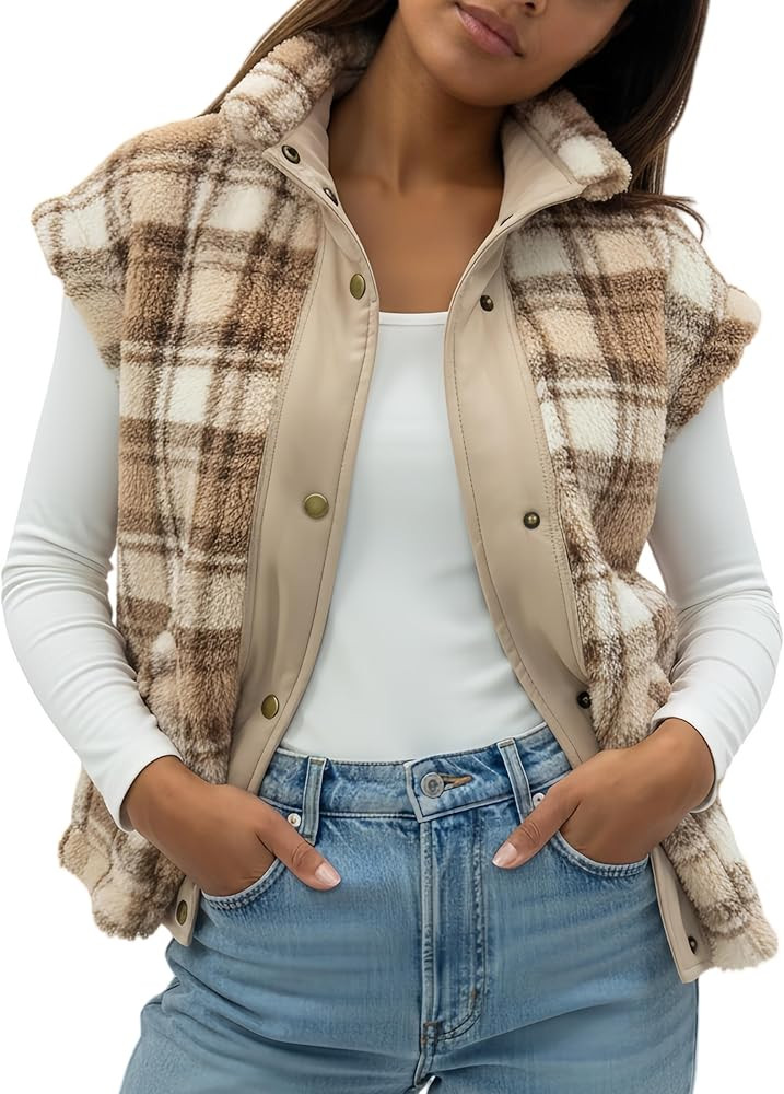 Fleece Vest Women Sleeveless Jacket Snap Button Printed Fuzzy Gilet Casual Outerwear with Pockets | Amazon (US)