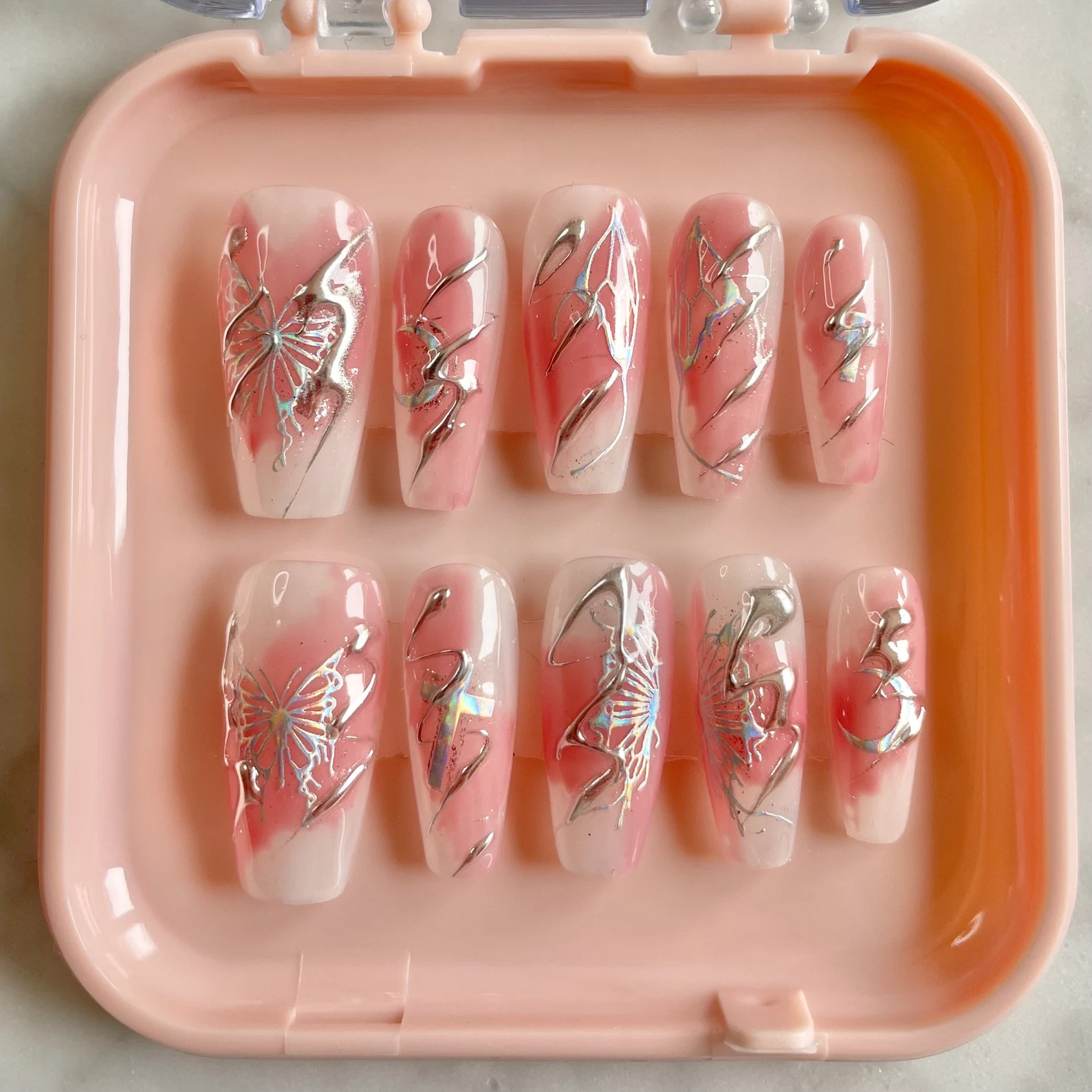 Pink and Silver Butterfly Press-on Nails, Butterfly and Moon Raised Design, Medium Coffin Press-o... | Etsy (US)