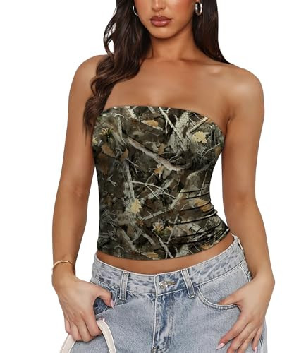 OFEEFAN Bandeau Tops for Women Floral Print Y2k Date Outfits Cute Summer Tops 2025 Camo M | Amazon (US)