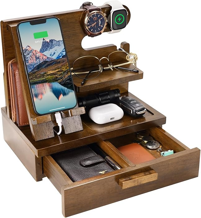Gifts for Men Dad Husband Christmas from Daughter Son Wife, Wood Phone Docking Station with Drawe... | Amazon (US)