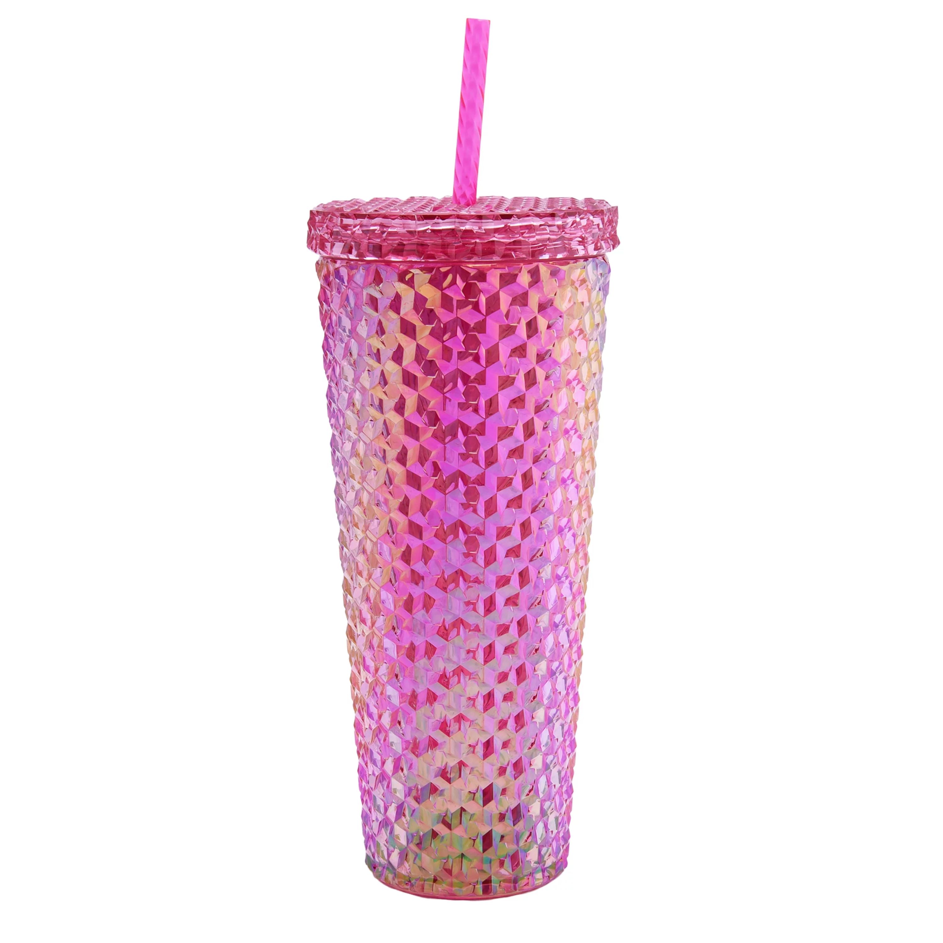 Mainstays 26-Ounce Acrylic Iridescent Textured Tumbler with Straw, Pink | Walmart (US)