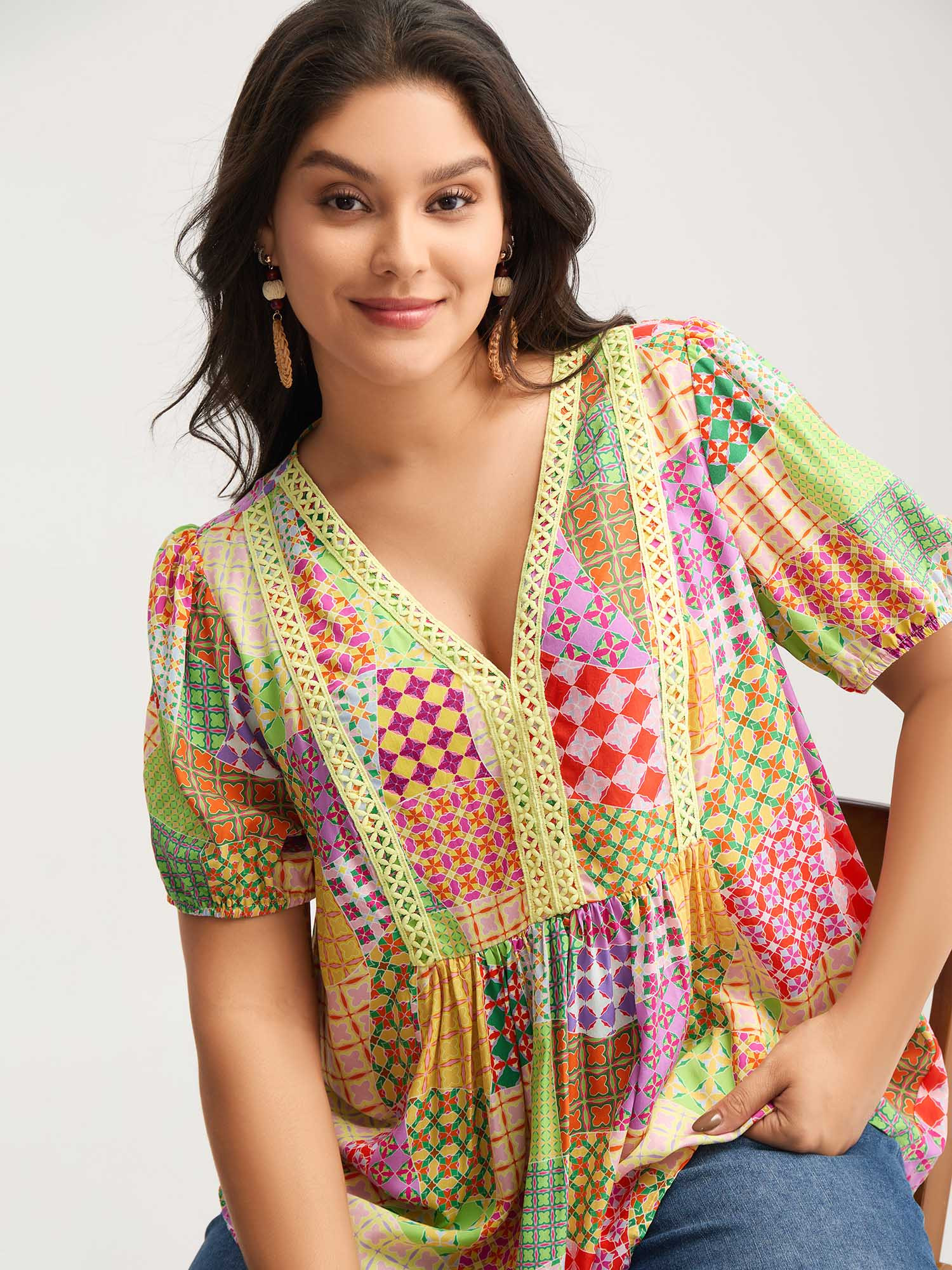 Vibrant Collage Print Babydoll Top | Bloomchic