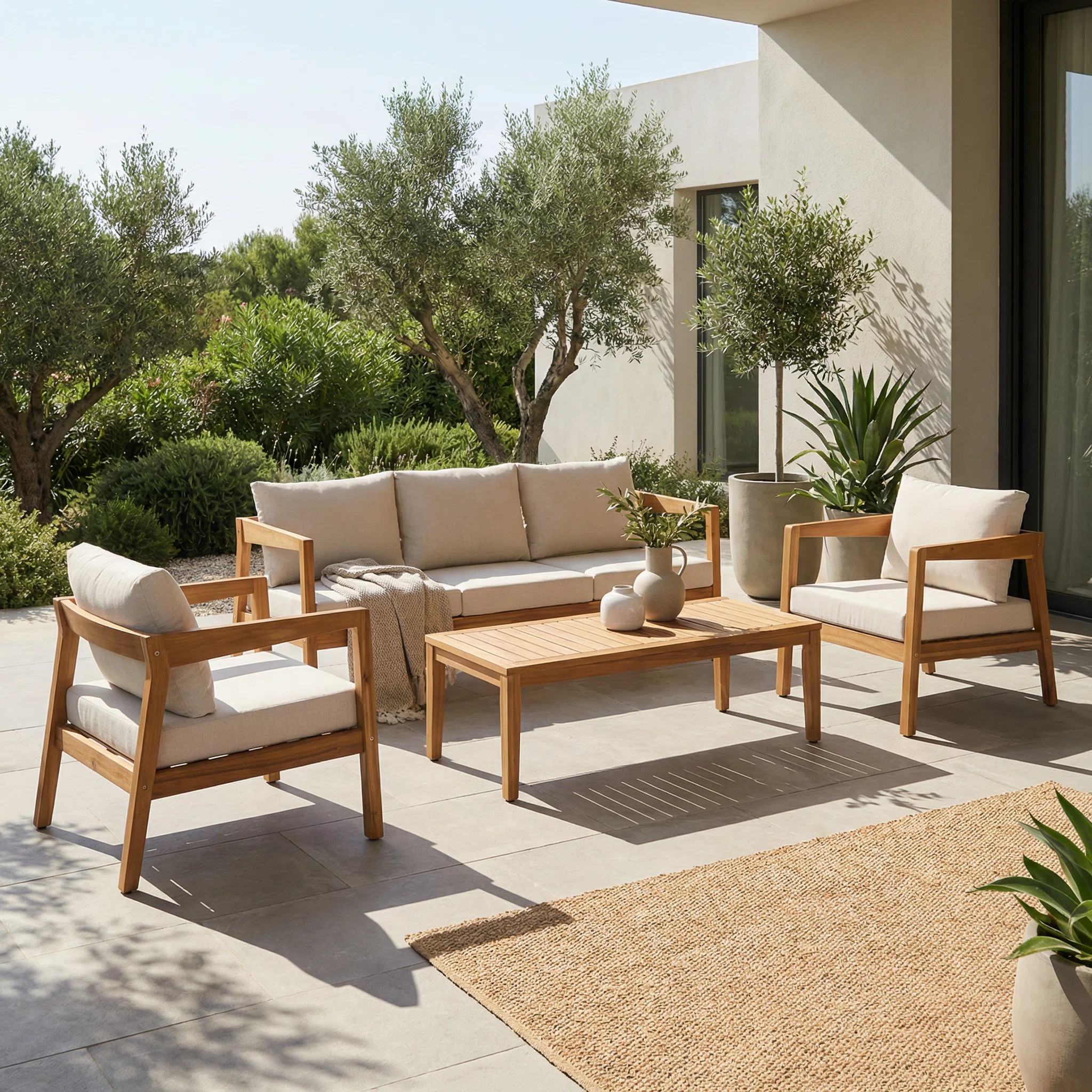 Outdoor 4-Piece Outdoor Acacia Wood Conversation Set With Slatted Tabletop & Cushions | Wayfair North America