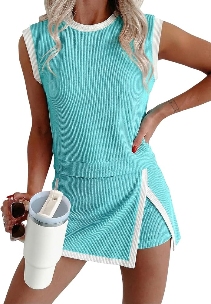 EVALESS 2 Piece Sets for Women Summer Outfits Ribbed Knit Tank Top and Split Lined Skirt Two Piec... | Amazon (US)