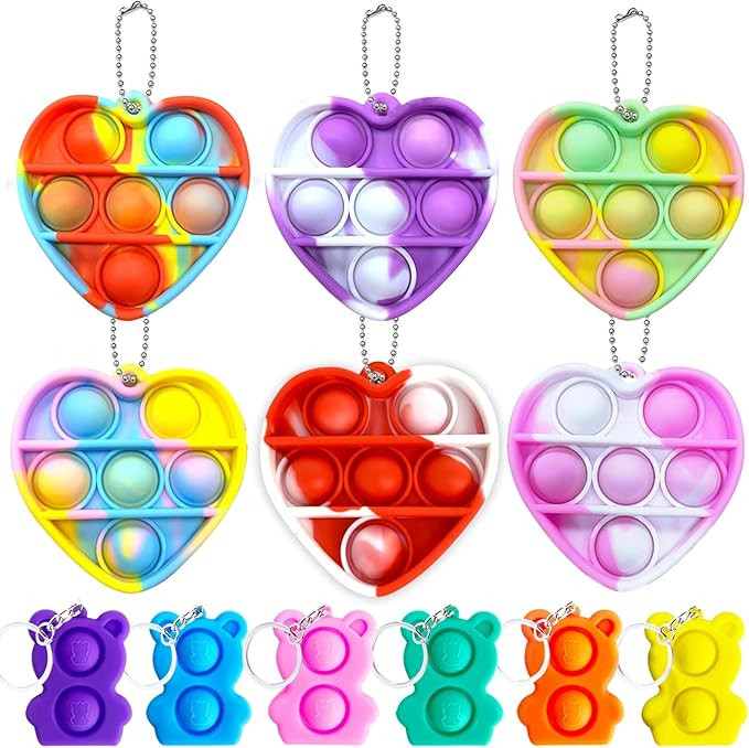 12 Pcs Pop Push Bubble Fidget Sensory Toys Keychain for Kids Adults, 6 Colorful Teddy Bear Heart Pop | Amazon (US)
