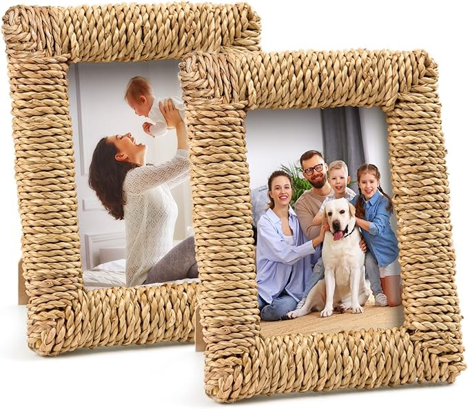 2 Pcs Rattan Picture Frame, 4x6 Boho Photo Frame Handmade Farmhouse Wicker Picture Frame Set for ... | Amazon (US)