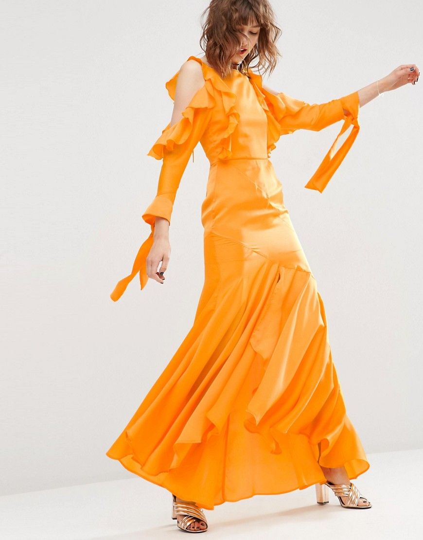 ASOS Cold Shoulder Long Sleeve Ruffle Maxi Dress - Orange | ASOS US