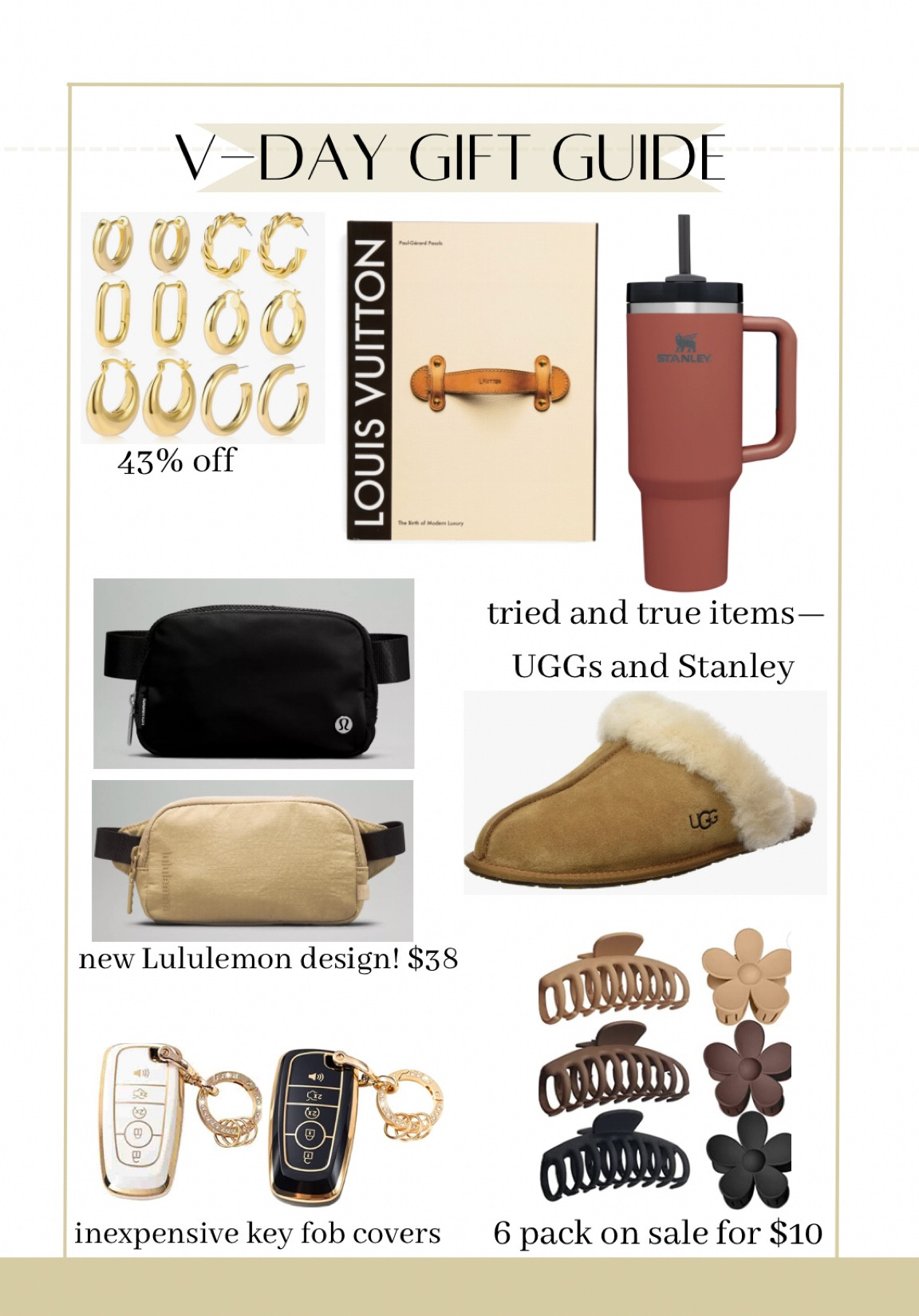 Valentine’s Day gift guide for galentines. Ugg’s, lululemon belt bag, trendy jewelry, key fob cover, hair clips, Stanley #ltkbeauty 

#LTKSeasonal #LTKGiftGuide #LTKSale