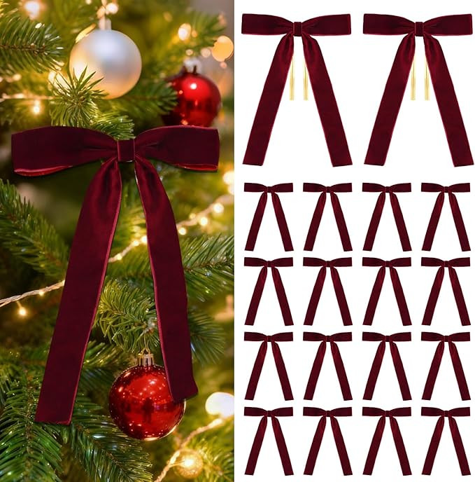 18 Pcs Burgundy Velvet Bows for Christmas Tree – Burgundy Velvet Christmas Tree Bows, Holiday D... | Amazon (US)