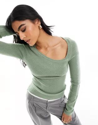 ASOS DESIGN knitted top with asymmetric neckline in green | ASOS (Global)