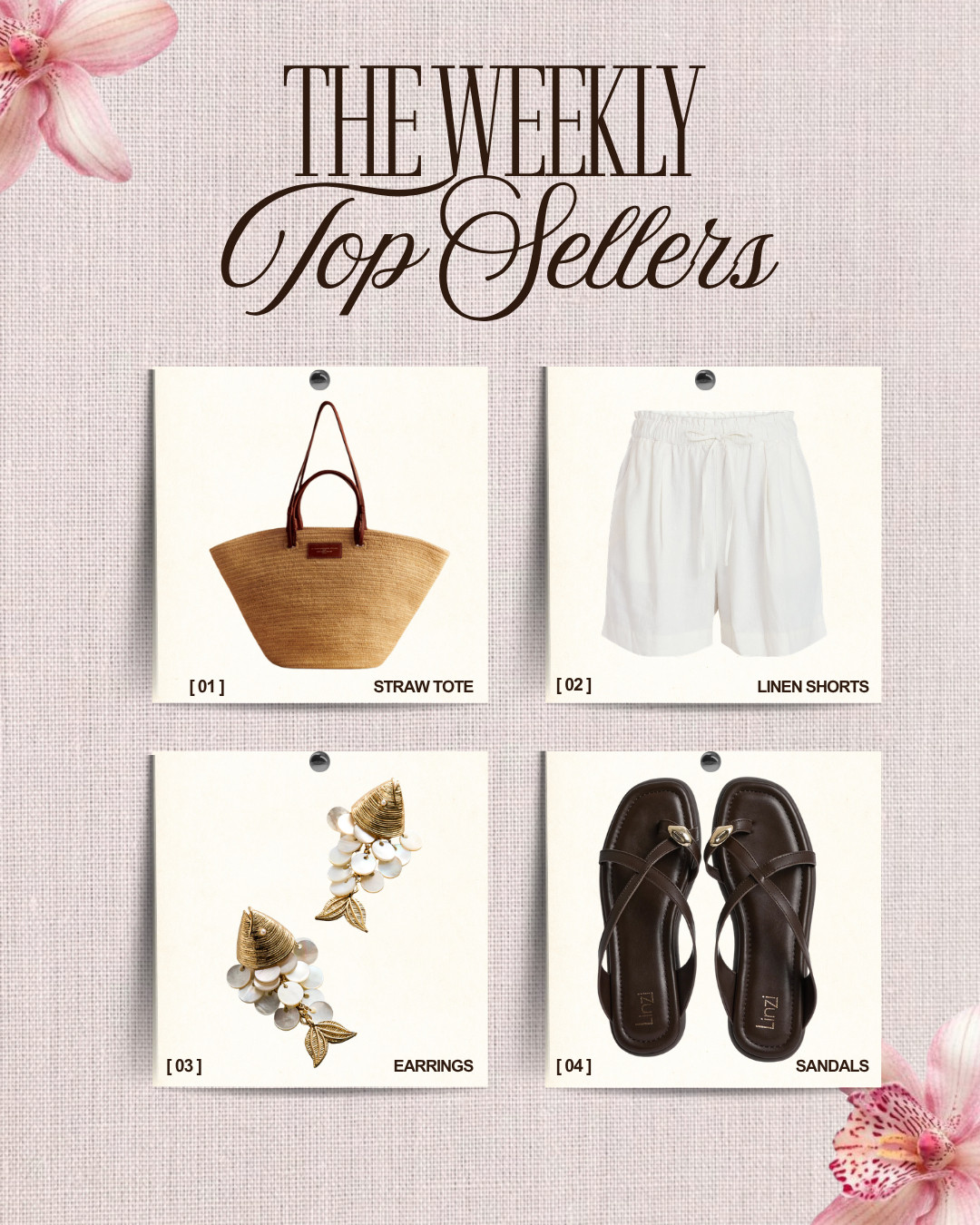 The weekly top sellers were all about vacation staples.

straw tote bag, beach bag, linen blend shorts, coastal inspired earrings, beach jewelry, flat sandals, beach sandals, vacation outfits, summer outfits 

 #LTKootd #LTKOver40 #LTKTravel