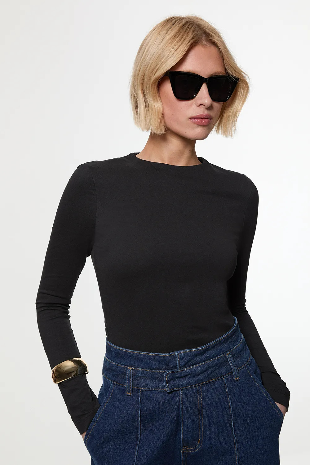 Stretch Cotton Crew Neck Long Sleeve Top | Karen Millen US