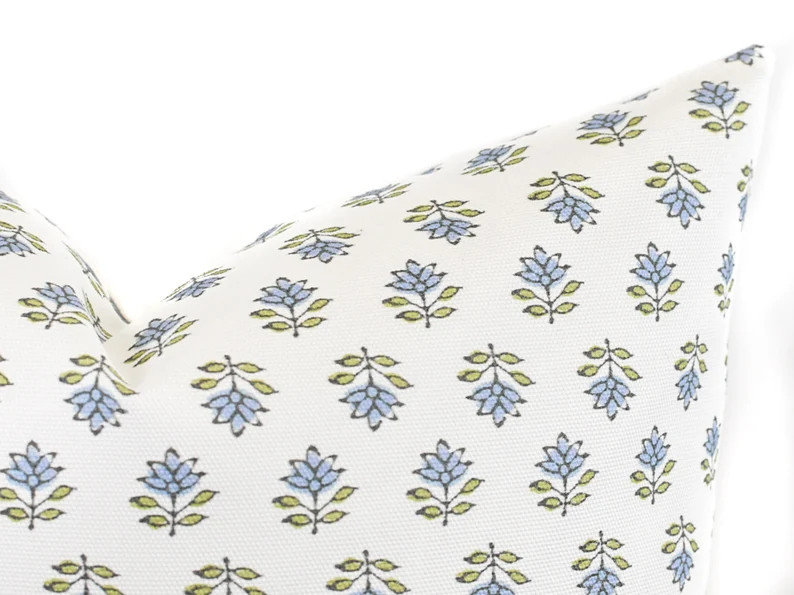 Blue Floral Block Print Pillow Cover Blue and Green Floral | Etsy | Etsy (US)
