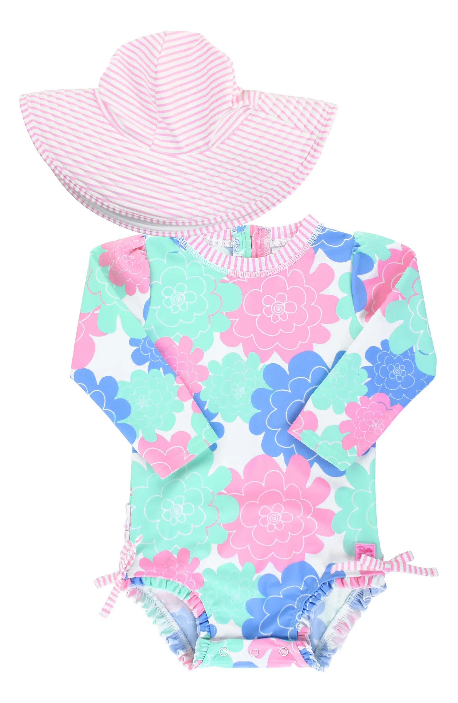 RuffleButts Pastels One-Piece Rashguard Swimsuit & Floppy Hat Set | Nordstrom | Nordstrom