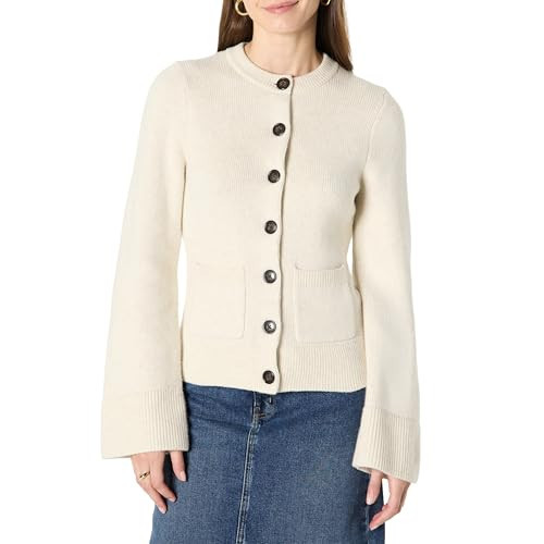 Amazon Essentials Women's Regular-Fit Long-Sleeve Cardigan with Bell Sleeves and Shaped Waist, Oatmeal Heather, X-Small | Amazon (US)