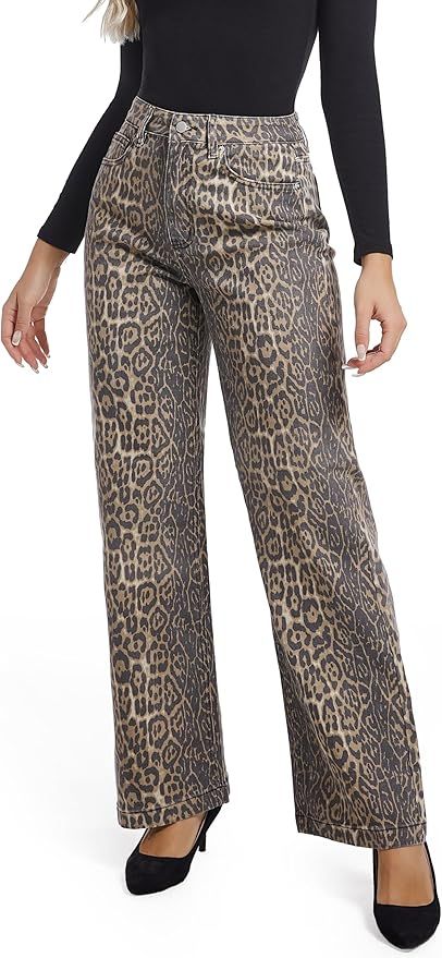 Women's Jeans Straight Leg Casual High Waisted Stretch Trendy Leopard Pull On Jeans for Women | Amazon (US)