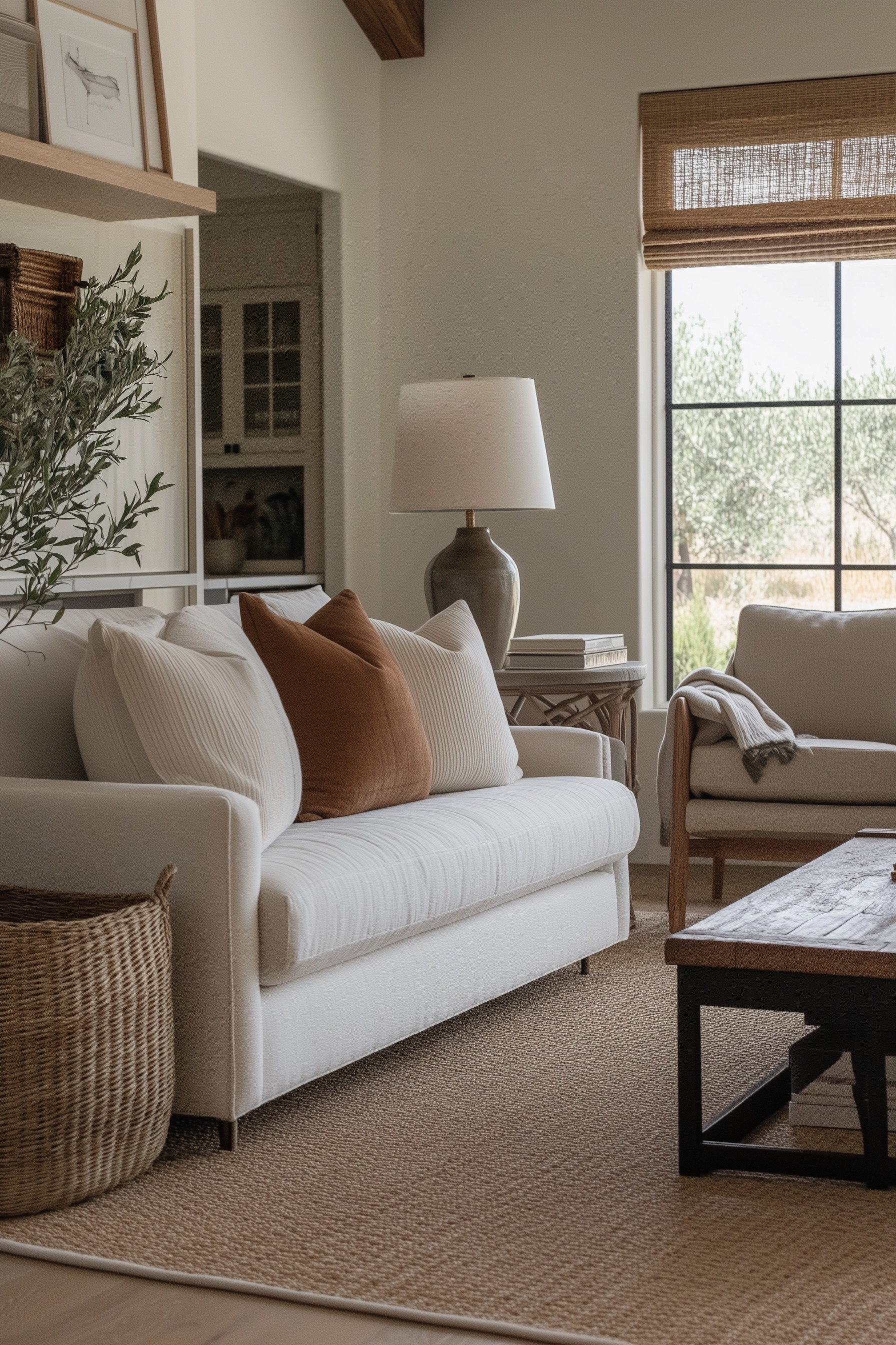 I’m sharing my cozy neutral living room vibe you can copy: a white sofa, terracotta pillows, jute rug, woven wood shades, rustic wood coffee table, and an olive tree for organic texture. Warm neutral paint and natural light create a modern farmhouse, minimalist look—earthy, airy, timeless home decor you’ll love. 

 #LTKHome #LTKFindsUnder100 #LTKStyleTip