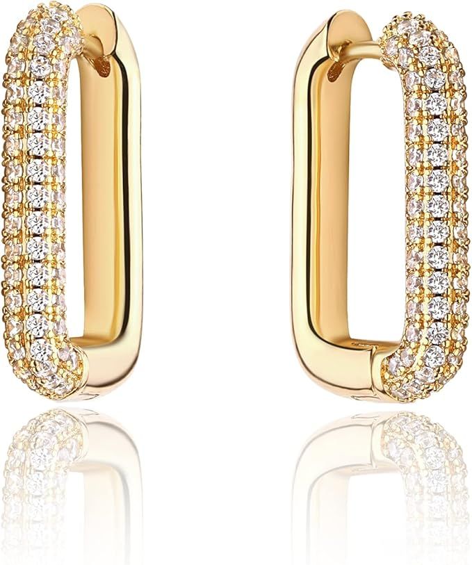 CITLED Gold Oval Hoop Earrings for Women 14K Gold Plated CZ Chunky Huggie Hoop Earrings Dainty U-... | Amazon (US)