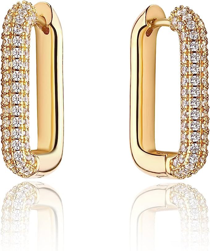 CITLED Gold Oval Hoop Earrings for Women 14K Gold Plated CZ Chunky Huggie Hoop Earrings Dainty U-... | Amazon (US)