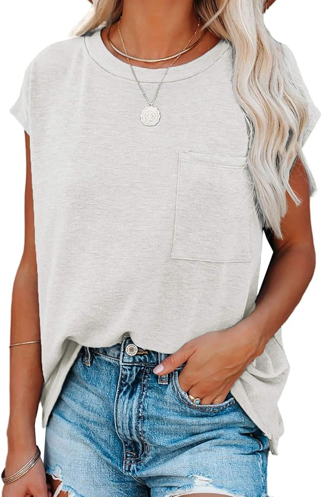 Women's Summer Casual Crewneck Solid Color Pocket T Shirts Loose Batwing Short Sleeve Tee Tops Bl... | Amazon (US)