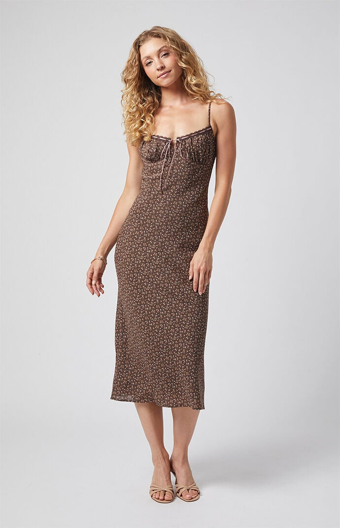 Beverly and Beck Women's Daisy Floral Tie Front Midi Dress in Brown - Size Medium | PacSun