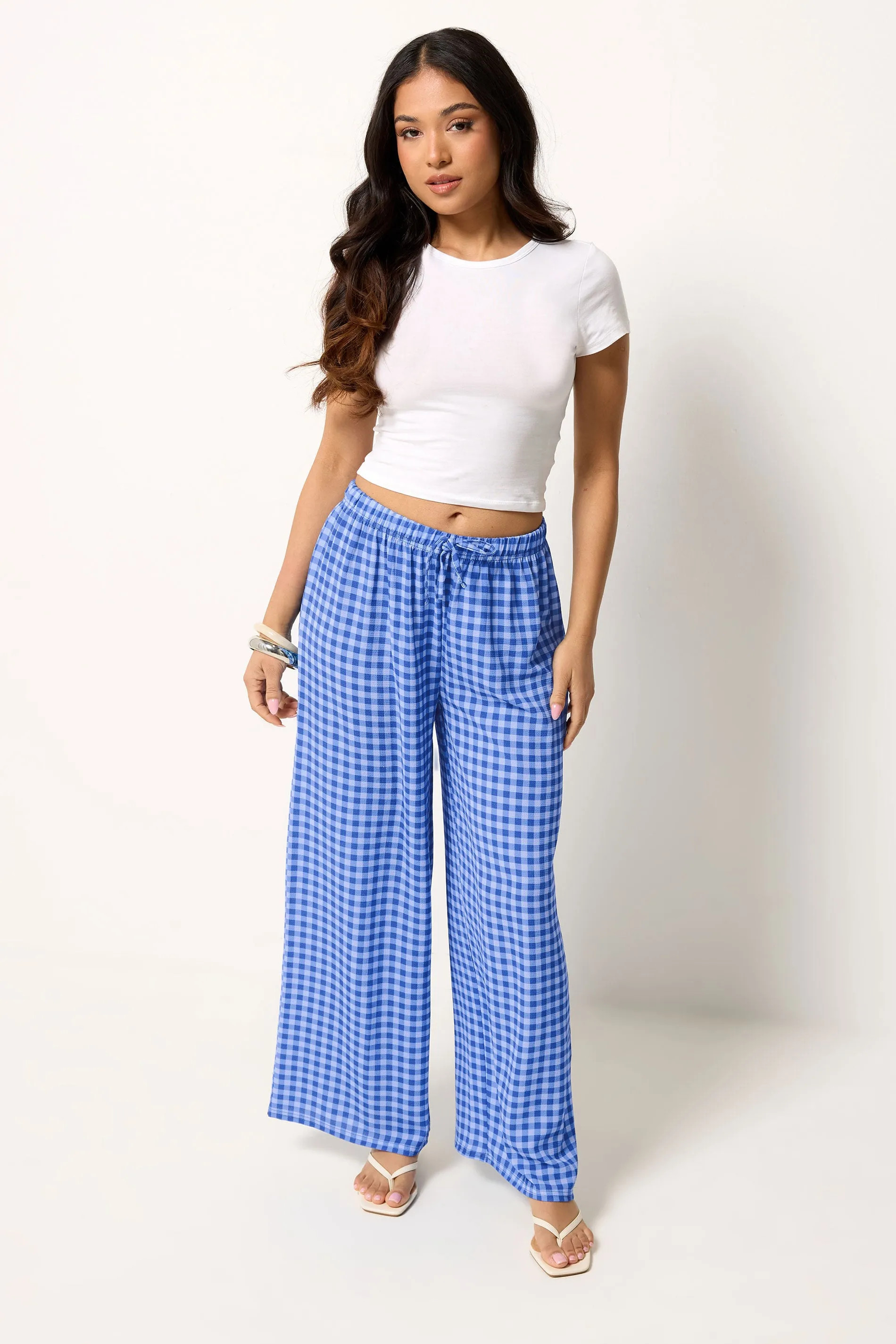 Blue PixieGirl Petite Gingham Wide Leg Trousers | Debenhams | Debenhams UK
