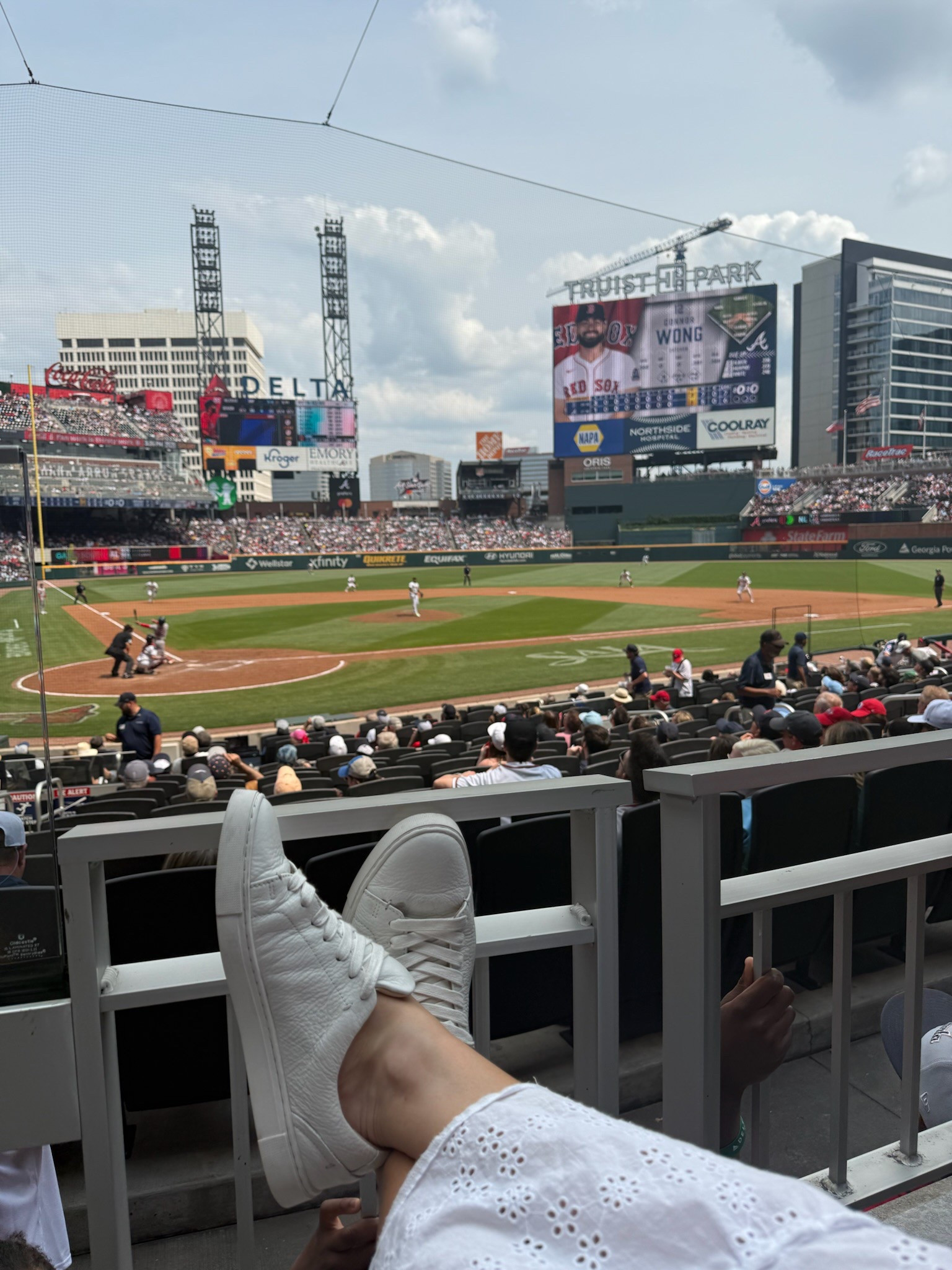 View from our seats at the Braves game! My outfit would also be cute for 4th of July. Summer outfits // summer dresses // white dresses // white sneakers // baseball game outfit 

#LTKBump #LTKSummerEdit #LTKSeasonal