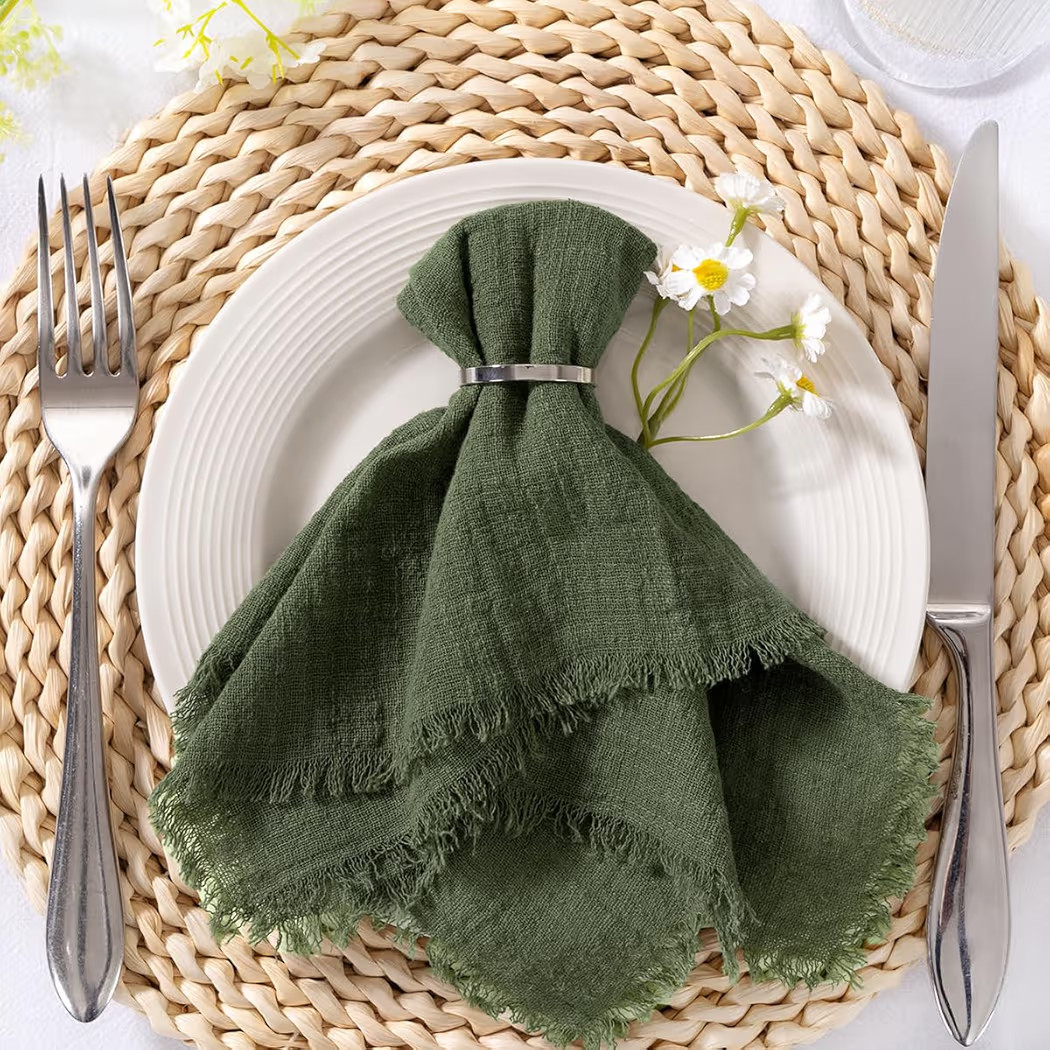 MLMC 6 Pack Olive Green Cloth Napkins with Fringe Boho Fall Linen Napkins Washable Reusable Rusti... | Amazon (US)