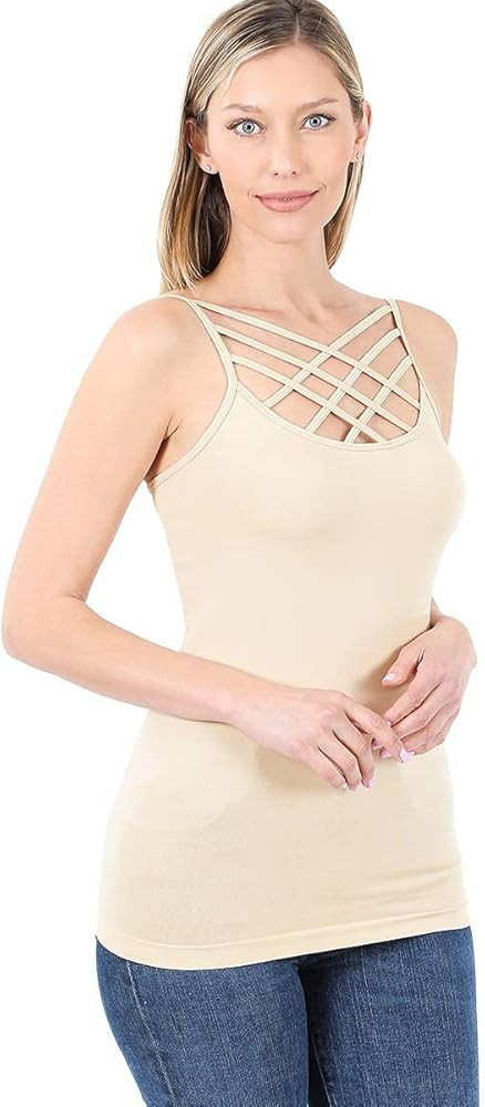 Women Sexy Criss Cross Front Spaghetti Strap Basic Round HollowOut Neck Seamless Camisole Tank Top | Amazon (US)
