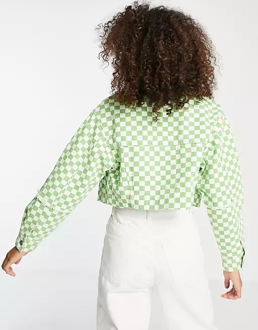 Bershka checkerboard denim jacket in light green | ASOS (Global)