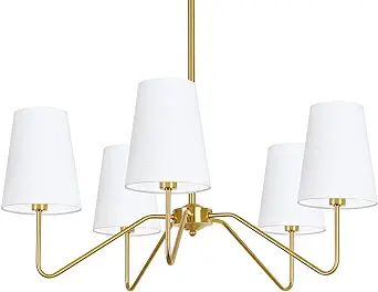 5-Light Modern Chandelier with White Shades, 30” Brass Gold Chandelier for Dining Room, Classic... | Amazon (US)