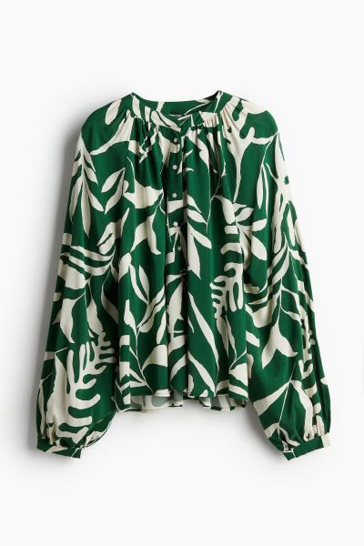 Balloon-sleeved blouse - V-neck - Long sleeve - Dark grey/Zebra print - Ladies | H&M GB | H&M (UK, MY, IN, SG, PH, TW, HK)