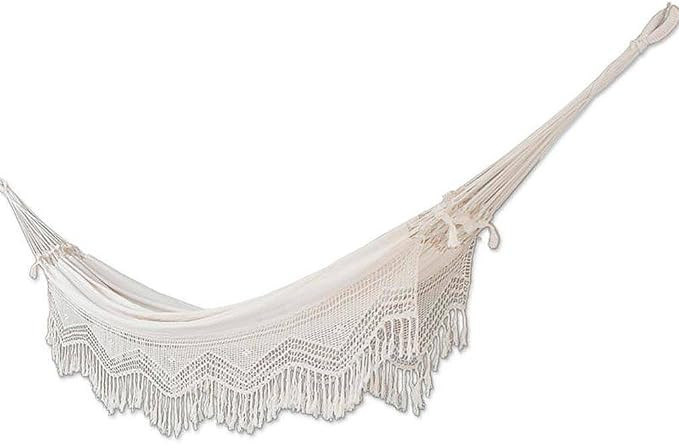 NOVICA Natural White Ecru Cotton 2 Person Hand Woven XL Brazilian Hammock with Handmade Crochet F... | Amazon (US)