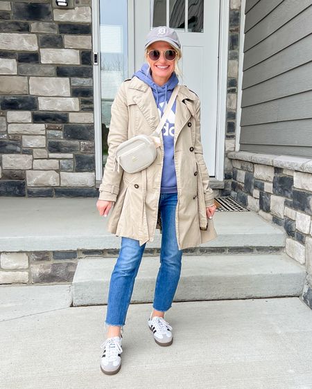 Elevated way to wear a hoodie sweatshirt. 
Sweatshirt- small
Trench coat- old, linked similar 
Jeans-thrifted, brand is Paige, linked similar 
Shoes- 7 (sized down a half size)

#LTKSeasonal #LTKstyletip #LTKover40