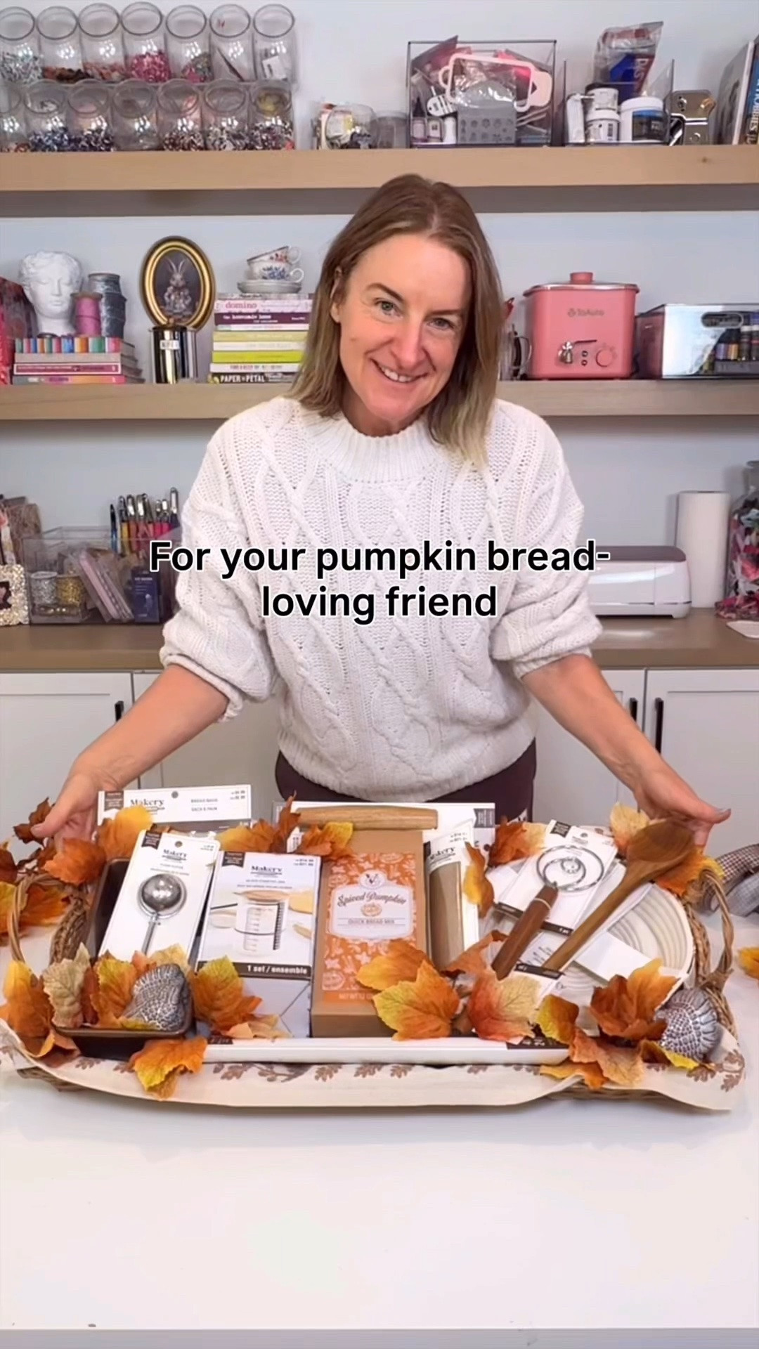 Some friends would rather get a loaf pan than another candle. This one's for them! 🎃
 
Everything they need to bake pumpkin bread this fall — the mix, patterned parchment, a dough scraper, mixing bowls and a sifter — tucked into a rattan tray with fall leaves filling every gap.
 
Don't skip this: tuck the extra cellophane under the tray and tape it down. It seals the whole package tight so nothing slides around on the way to their door.
 
It makes the sweetest hostess gift, teacher gift, neighbor gift or thank-you for whoever's hosting Thanksgiving

#LTKfoodie #LTKSeasonal #LTKHome