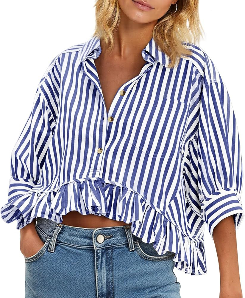Cicy Bell Womens Cropped Striped Button Down Shirts Ruffle 3/4 Length Sleeve Summer Tops Dressy C... | Amazon (US)